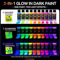 10 Color Glow in the Dark Acrylic Paint Set 2oz Neon UV Paint for Crafts