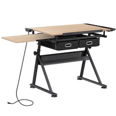 Drafting Drawing Table Tabletop Adjustable Height with Charge Outlet Natural