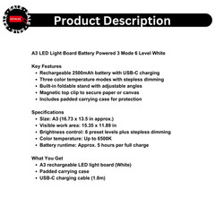 A3 LED Light Board Battery Powered 3 Mode 6 Level White