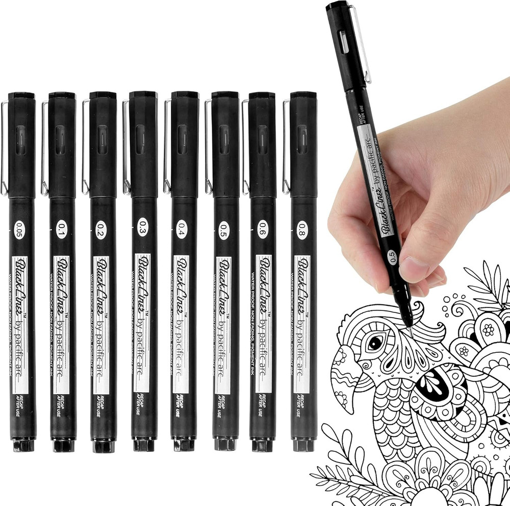 Blackliner Black Fineliner Pens – Set of 8 Differently Sized Fine Drawing Pens f