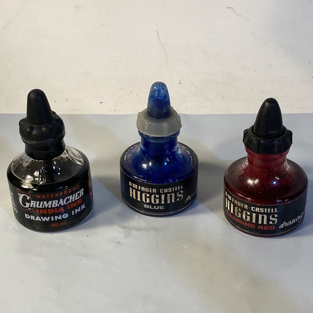 A.W. Faber~Castell Higgins & Grumbacher Ink 3 Bottles Black Blue & Red Vintage