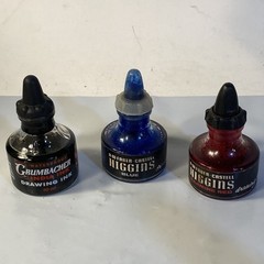 A.W. Faber~Castell Higgins & Grumbacher Ink 3 Bottles Black Blue & Red Vintage