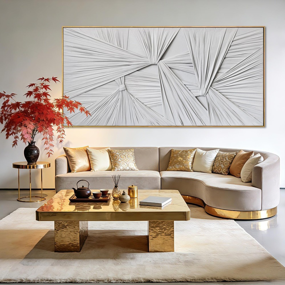 Large White Framed Abstract Canvas Wall Art, 3D Textured Sculptural Minimalis…
