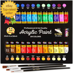 Acrylic Paint Set Canvas Art Paints 24 Colors Perfect Paint Finish with 3 Brushe