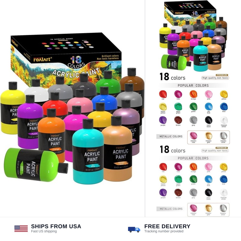REALART Large Acrylic Paint Set (8.45oz / 250ml) Bulk Acrylic Paint Bulk Art …