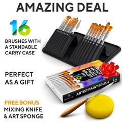 Artist Paint Brush Set of 16 – Includes Spatula Palette Knife, Sponge & Organ…