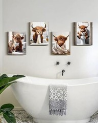 Cute Highland Cow Bathroom Framed Wall Art Funny Animal Rustic Canvas Prints