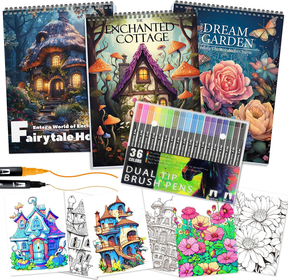 3Pcs Adult Coloring Book for Women Relaxation, 36 Colors Markers with Spiral Bou