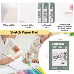 120 Sheets (3 Pack) 300gsm/140lb Sketch Book Glue Bound Tear Edge Drawing for…