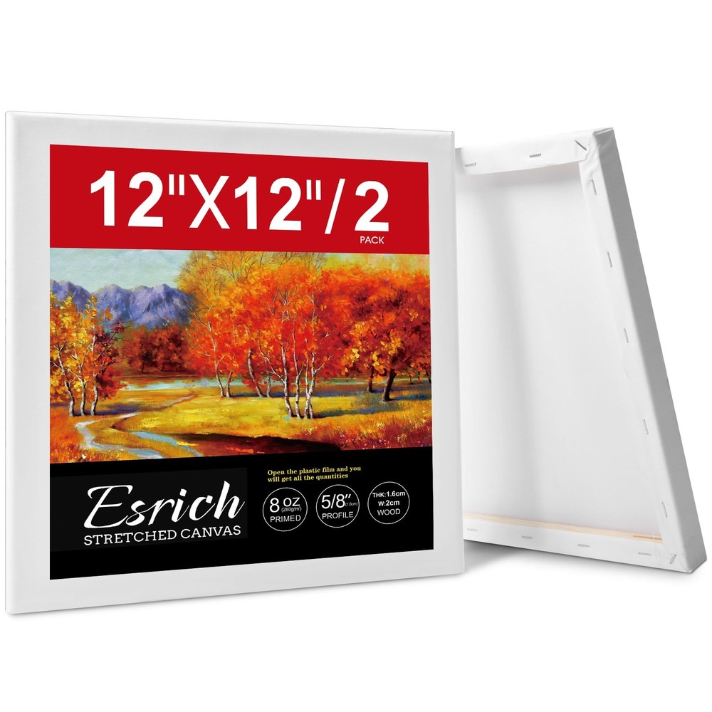 ESRICH Stretched Canvas for Painting 12×12 Inch, 2 Pack Blank Canvas -5/8 in …