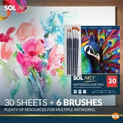 A4 Watercolour Paper Pad 30 Sheets 60 Pages Cold Pressed Artist 160GSM 6 Brushes