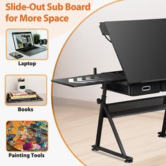 Adjustable Drafting Table with Outlet Artist Drawing Table with Stool Black