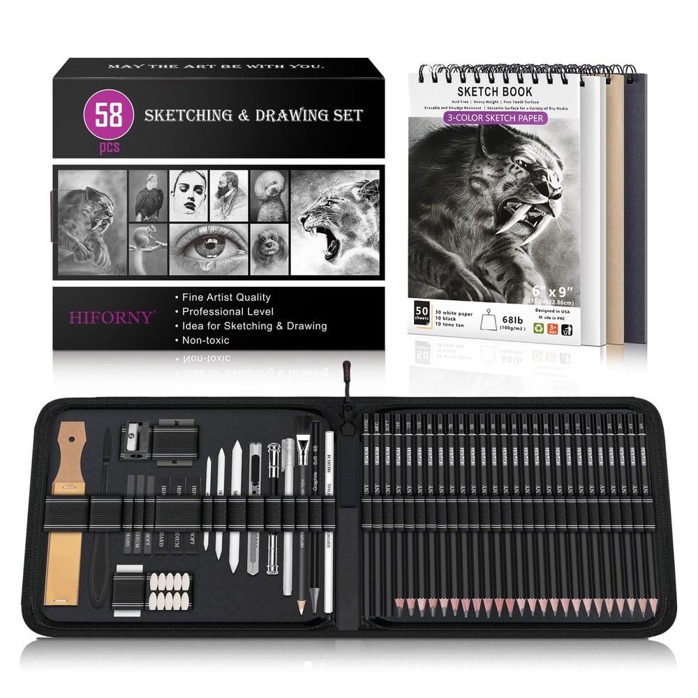 58 PCS Drawing Kit Sketching Pencil Set,Sketch Pencils Art Supplies with 3-Co…
