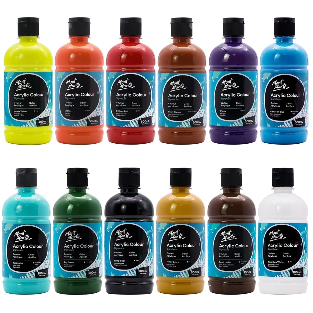 Acrylic Paints, 500ml Bottles, 12 Colors