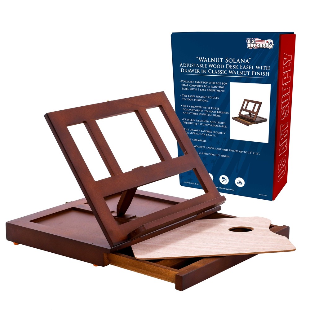Walnut Solana Artist Wood Desk Table Easel, Storage Drawer, Art, Paint, Canvas