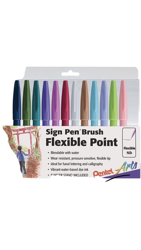 Pentel Arts Sign Pen Brush Flexible Point Fine Tip 12 Pack Assorted Calligraphy
