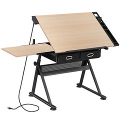 Natural Drafting Table & Stool Se Adjustable Height W/ Drawers & Charge Station