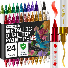 24 Metallic Acrylic Paint Markers – Paint Pens for Drawing, Brush + Fine Tips –