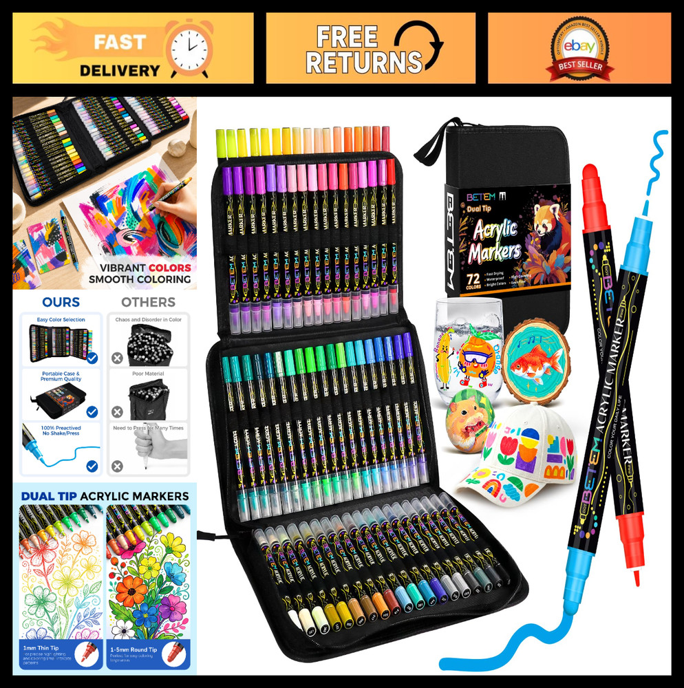 72 Colors Dual Tip Acrylic Paint Markers – Water-Based Art Pens for Fabric, Rock