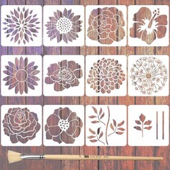 12PCS Large Flower Stencils for Painting on Wood 12 x 12 Inch Giant Wall Sten…