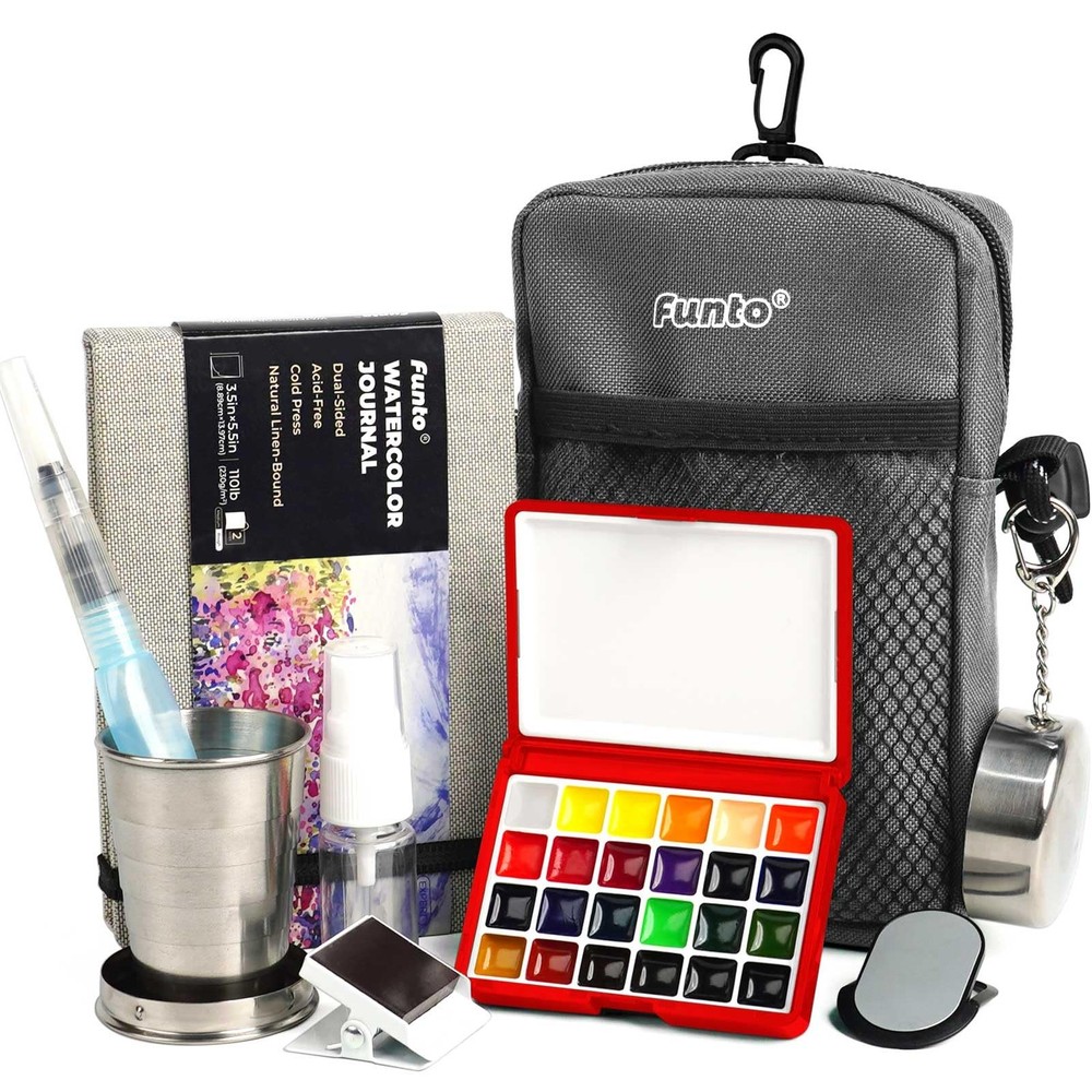24-Color Mini Watercolor Paint Set with Crossbody Bag Journal Water Cup