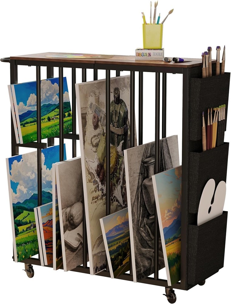 Brown Metal Art Storage Rack Wheels Side Pockets