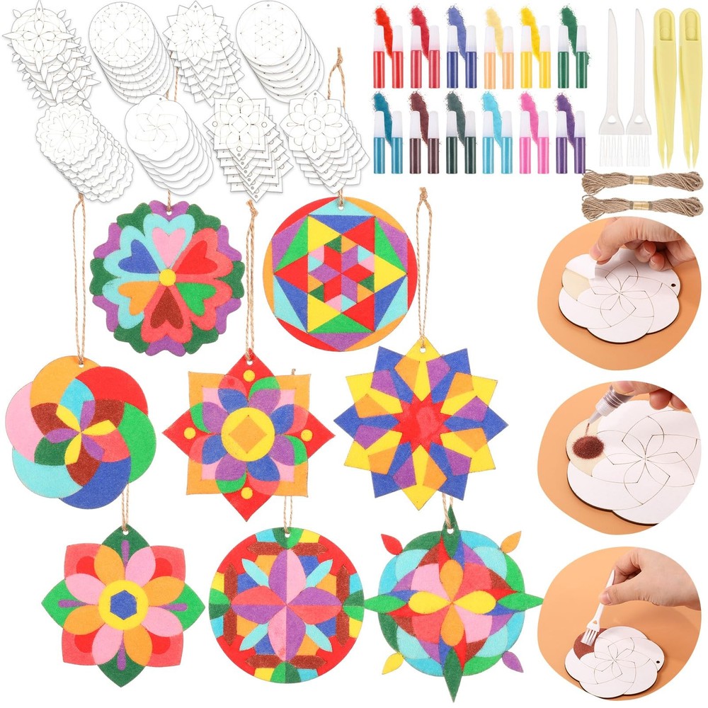 48 Pcs 4 Inch Sand Painting Mandala Coloring Craft Kits Animal Wooden Sand Ar…