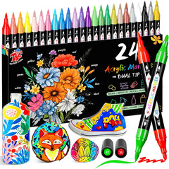 Acrylic Paint Markers, 24 Colors Dual Tip – Waterproof, Non-Toxic, Fast-Drying A