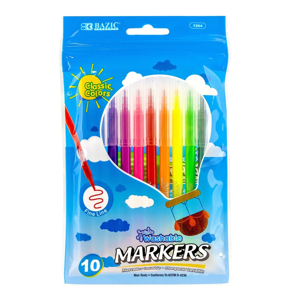 BAZIC Fine Line 10 Colors Washable Markers, Thin Tip Coloring Marker Non, 1-Pack