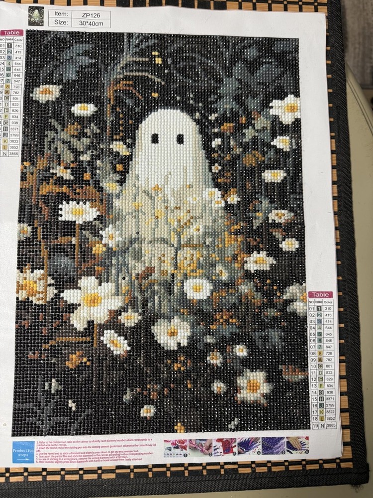 Adorable Ghost in Field of Flowers 5D Diamond Drill Dot Art Paint Kit Cute Sprin