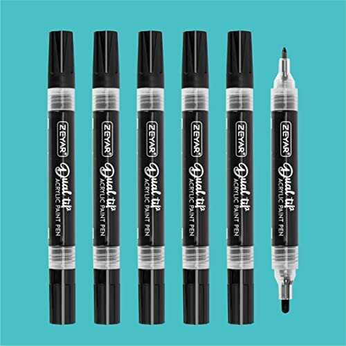 Dual Tip Acrylic Paint Pens, Medium Tip and Extra Fine Tip, 6 Black Color