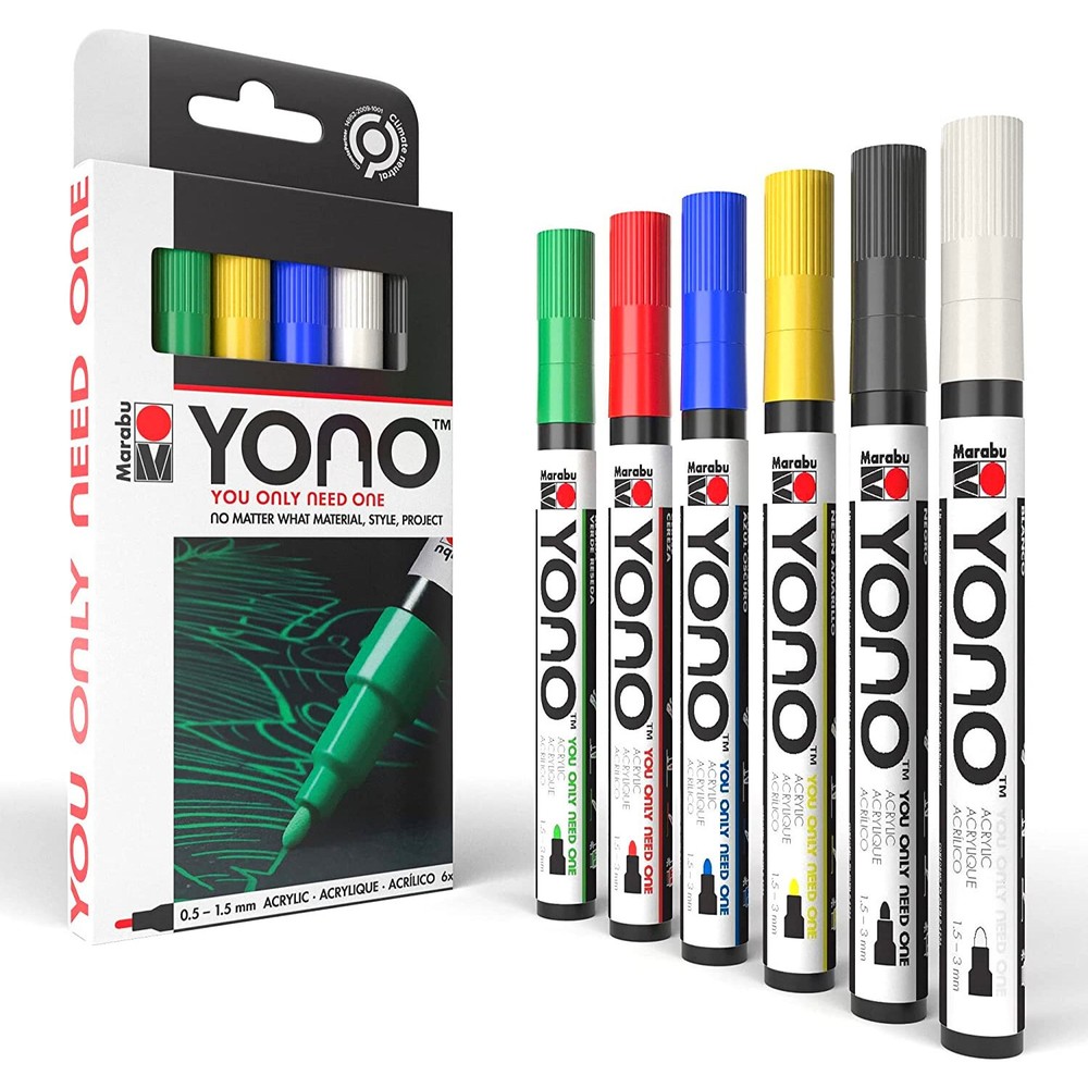 NEW! Marabu YONO 6pk Pens Acrylic Bullet Tip 1.5mm Paint Markers – Basic Colours