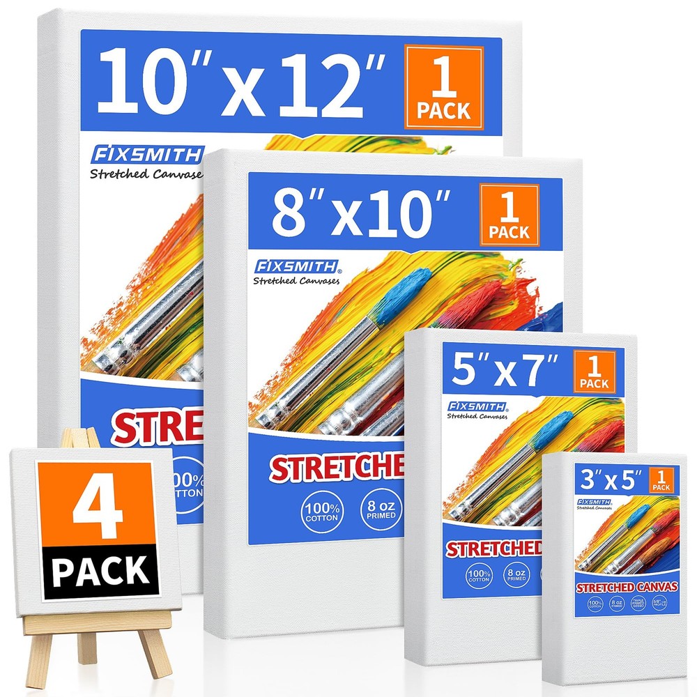 FIXSMITH Stretched Canvas for Painting 4 Pack, Pre-Primed Canvas Boards for Oil