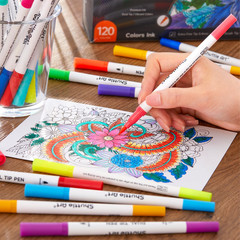120 Colors Dual Tip Brush Marker Pens with 1 Coloring Book, Fineliner and Brush
