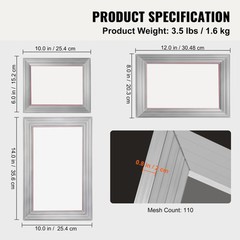 VEVOR Screen Printing Kit Silk Screen Printing Frames 6×10/8×12/10×14 110 Mesh