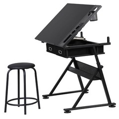 Black Drafting Drawing Table Adjustable Artist Desk Tilting Tabletop with Stool