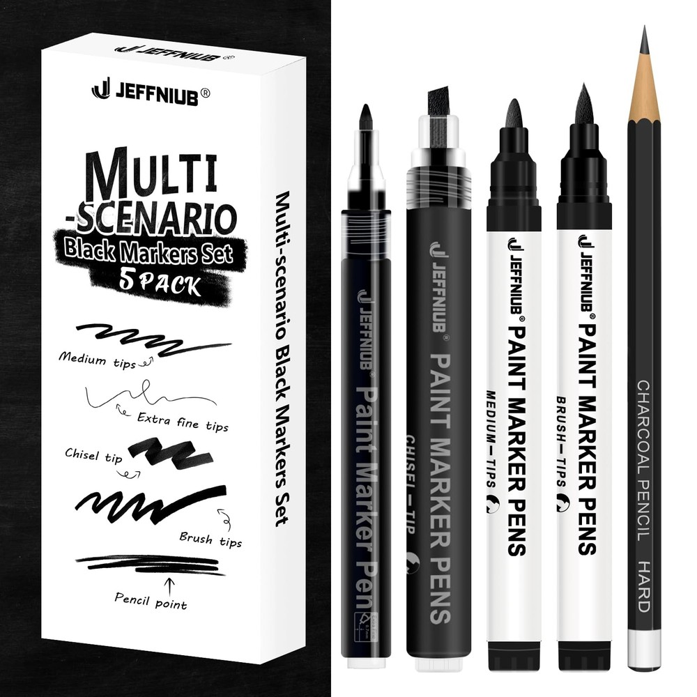 JEFFNIUB Black acrylic paint pens for Art 5pcs, 1 Count (Pack of 5),