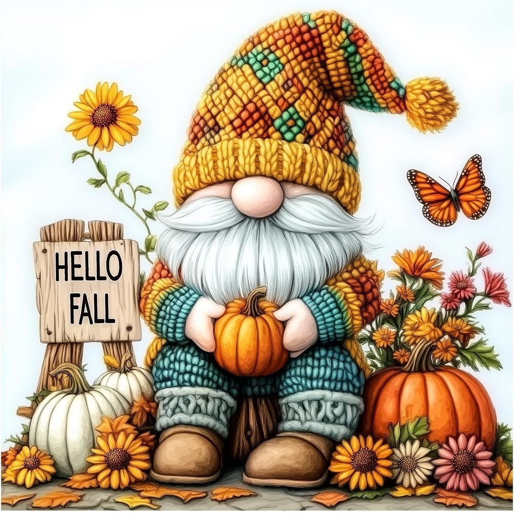 Hello Fall Gnome w Pumpkins Sunflowers Butterly 5D Diamond Drill Dot Paint Kit !