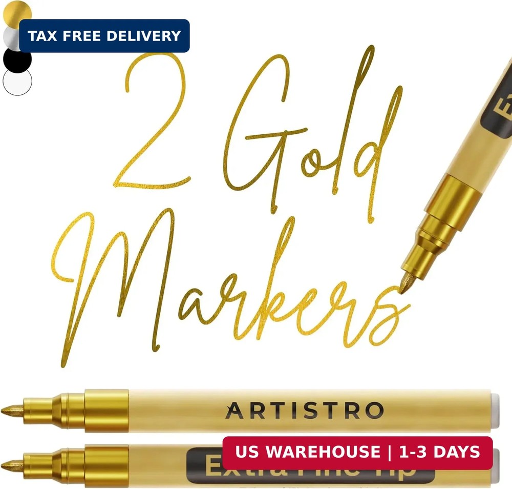 ARTISTRO 2 Gold Acrylic Paint Markers – 0.7mm Extra Fine-Tip Metallic Paint Pens