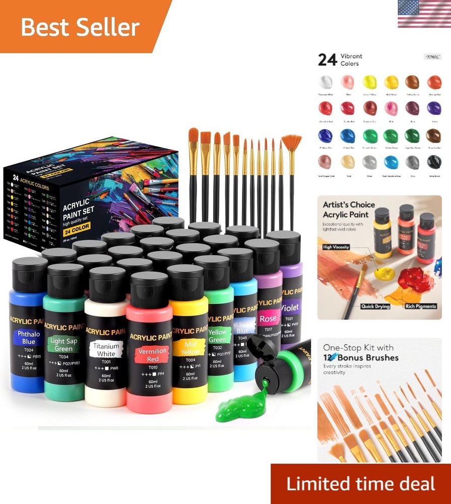 All-Inclusive Acrylic Paint Kit – 24 Rich Colors & 12 Brushes for Creative Minds