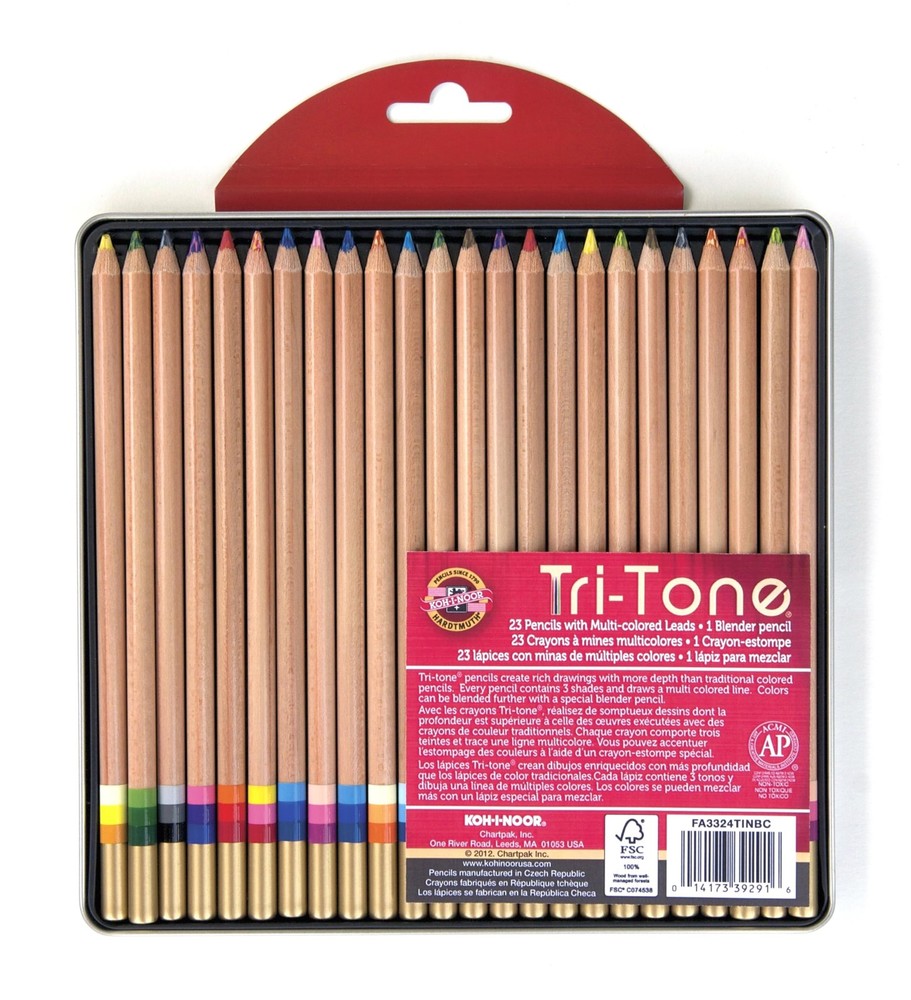 Tri-Tone Multi-Colored Pencil Set, 24 Assorted Colors in Tin and Blister-Card…