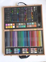 123 Art Set Wood Case 44 Color Sticks 36 Colored Pencils Brushes Eraser & More