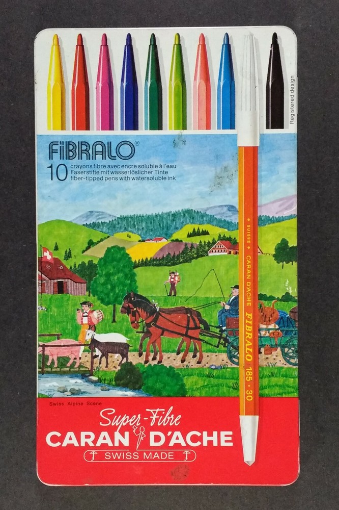 vintage Caran d’Ache FIBRALO Fiber-Tipped Pens with Swiss Alpine Scene Metal Tin