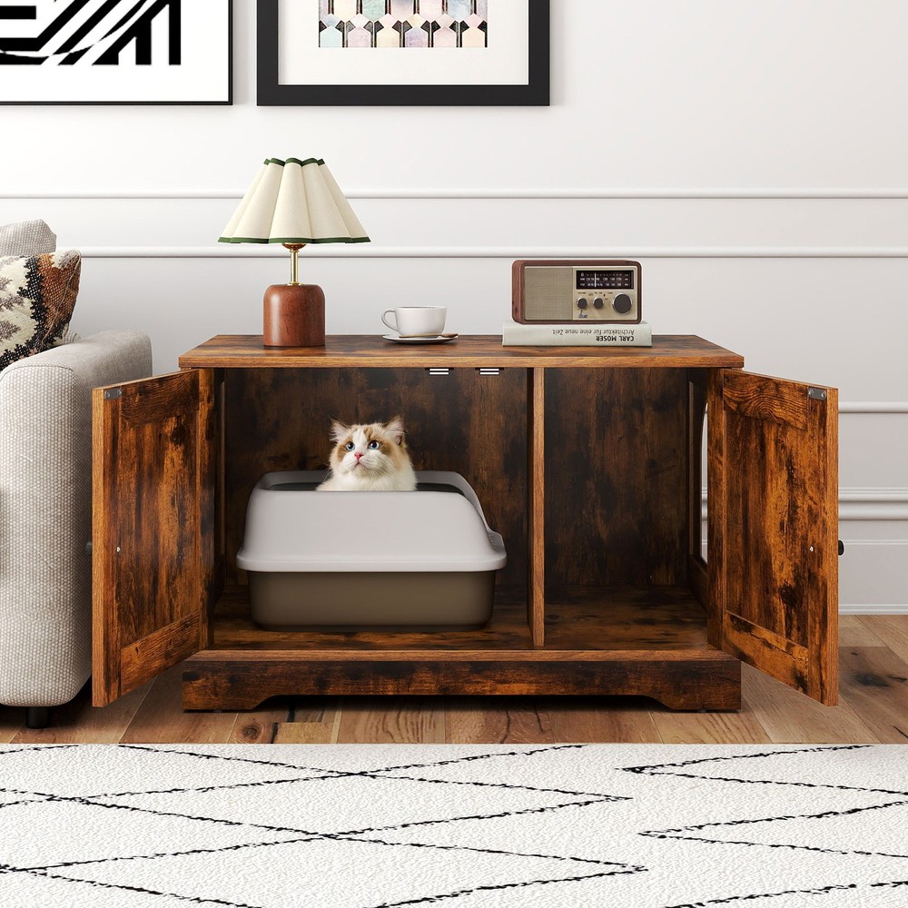 Cat Litter Box Enclosure Furniture Indoor Wooden Cat House End Side Table Nig…