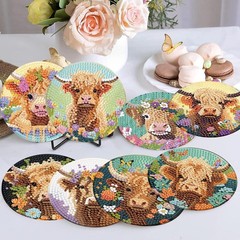 8 Pack Diamond Art Coasters Kit Highland Cow DIY Coasters With Holder For Drinks