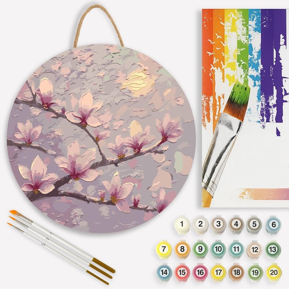 Cherry Blossom Paint by Numbers Kit for Adults on Wood Board – DIY Moonlit Fl…
