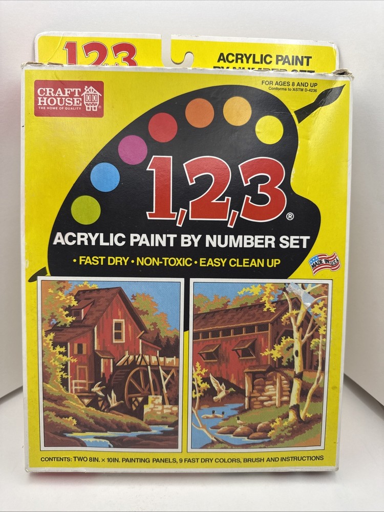 1995 CRAFT HOUSE 1,2,3 ACRYLIC PAINT BY NUMBER AUTUMN CABINS SEALED