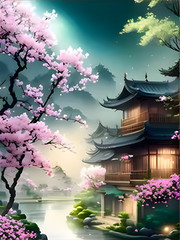 Japanese Pagoda Paint By Number Kit 16×20″ Cherry Blossom Sakura Canvas DIY Art