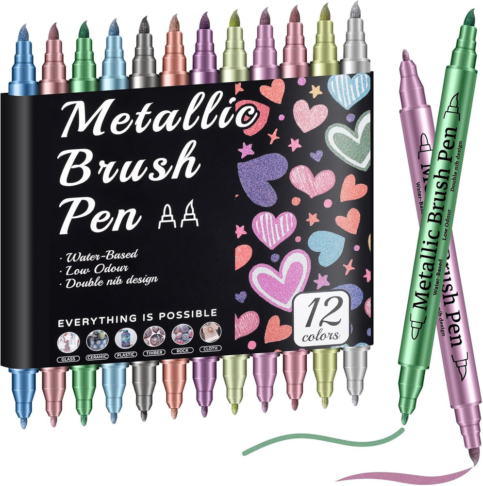 Prudiut 12 Pack Metallic Markers, Dual Tip Metallic Paint Pens, Water Based Acry