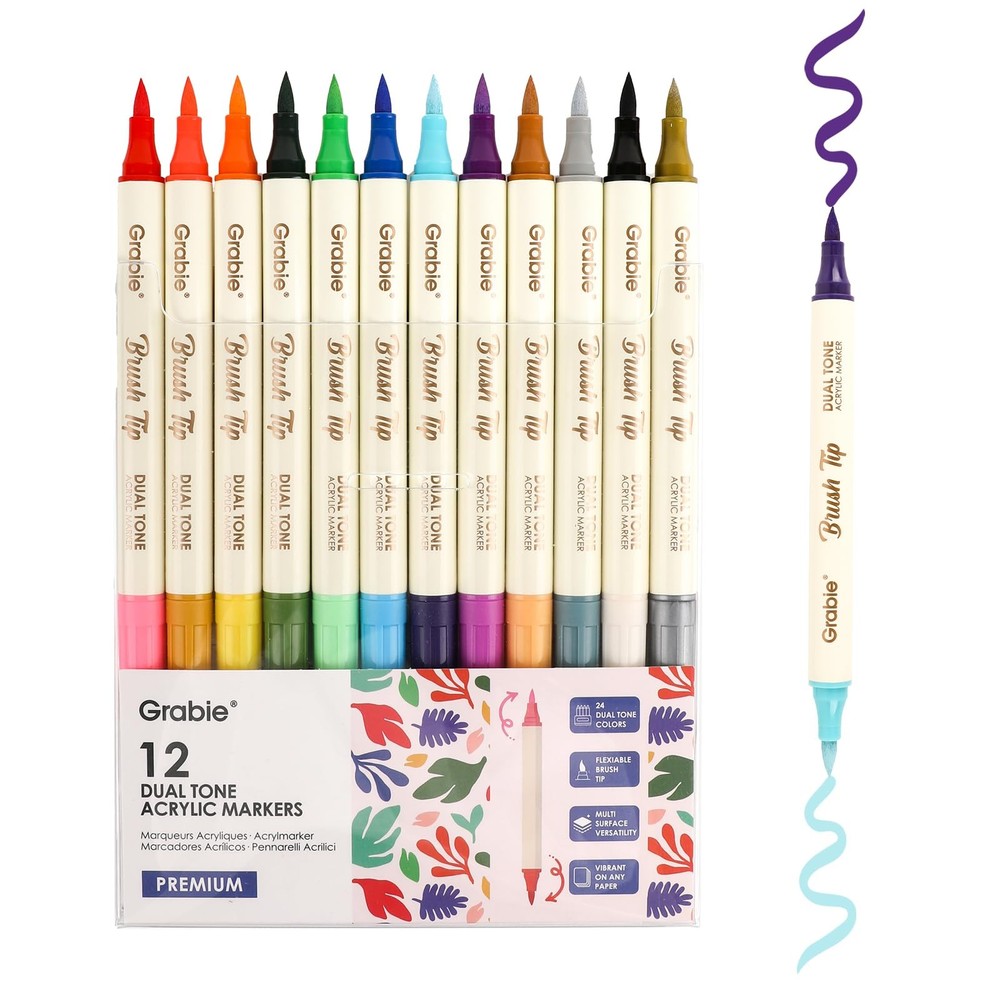 24 Colors Acrylic Paint Markers, 12 Pack Dual Tip Soft Brush Acrylic Markers,…